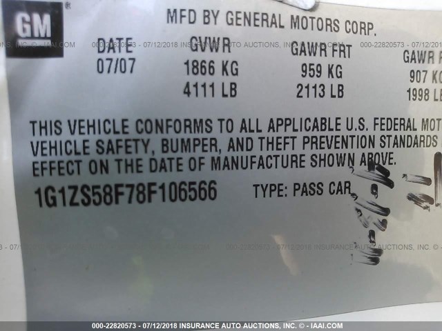 1G1ZS58F78F106566 - 2008 CHEVROLET MALIBU LS 银色 照片 9