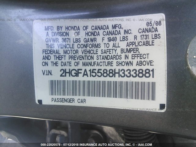 2HGFA15588H333881 - 2008 HONDA CIVIC LX GRAY photo 9