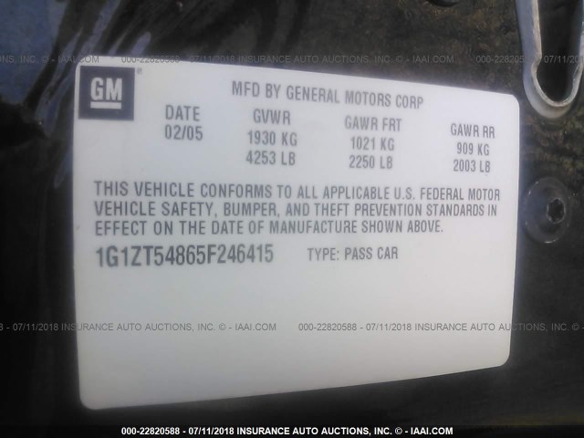 1G1ZT54865F246415 - 2005 CHEVROLET MALIBU LS BLACK photo 9