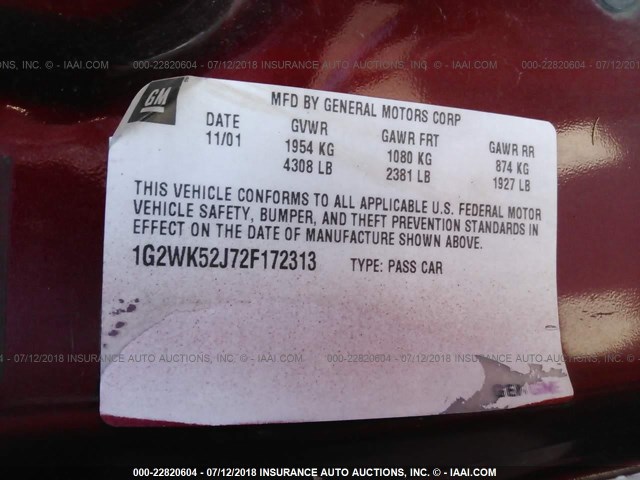 1G2WK52J72F172313 - 2002 PONTIAC GRAND PRIX SE MAROON photo 9