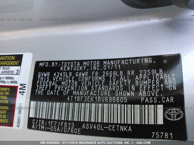 4T1BF3EK1BU696605 - 2011 TOYOTA CAMRY SE/LE/XLE ვერცხლისფერი ფოტო 9