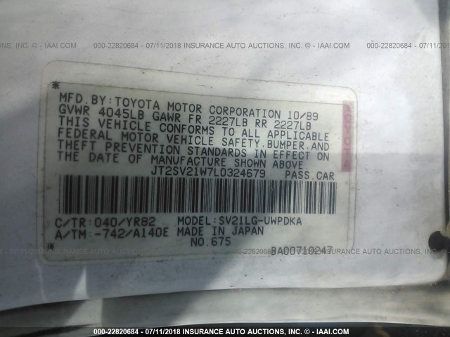 JT2SV21W7L0324679 - 1990 TOYOTA CAMRY DLX WHITE photo 9