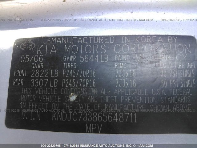 KNDJC733865648711 - 2006 KIA SORENTO EX/LX Light Blue photo 9