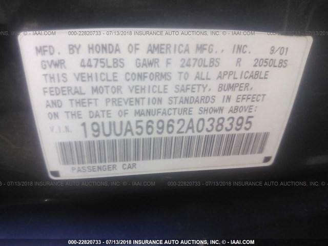 19UUA56962A038395 - 2002 ACURA 3.2TL TYPE-S BLACK photo 9