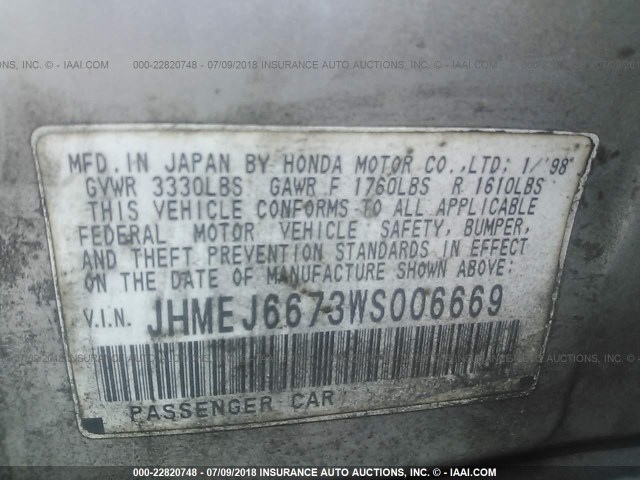 JHMEJ6673WS006669 - 1998 HONDA CIVIC LX SILVER photo 9