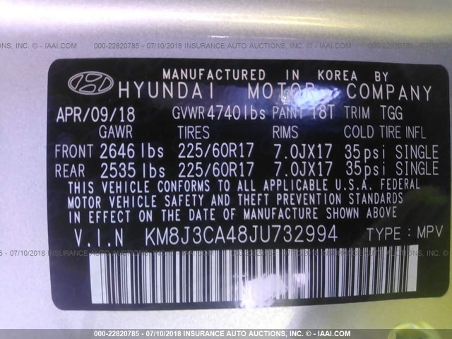 KM8J3CA48JU732994 - 2018 HYUNDAI TUCSON LIMITED/SPORT AND ECO/SE SILVER photo 9