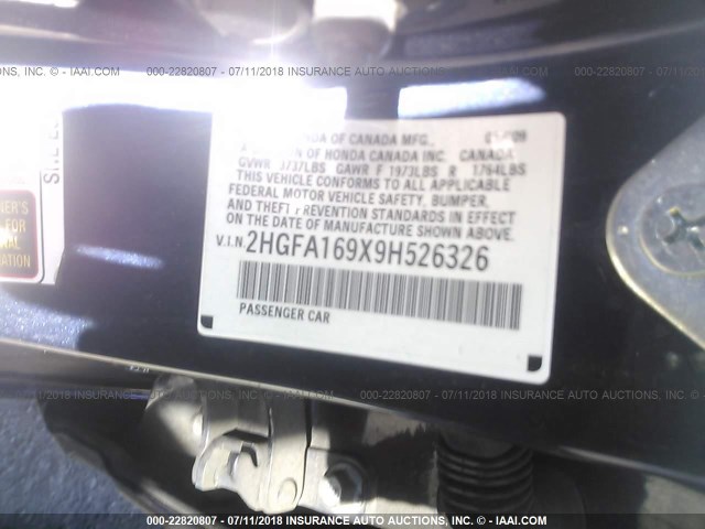 2HGFA169X9H526326 - 2009 HONDA CIVIC EXL ლურჯი ფოტო 9