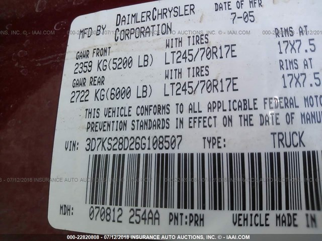 3D7KS28D26G108507 - 2006 DODGE RAM 2500 ST/SLT 红色 照片 9