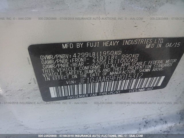 JF1GJAA69FH015312 - 2015 SUBARU IMPREZA WHITE photo 9