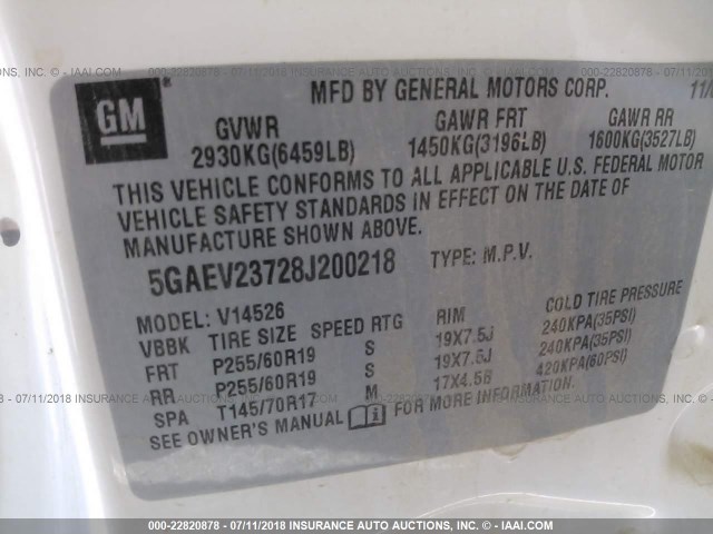 5GAEV23728J200218 - 2008 BUICK ENCLAVE CXL WHITE photo 9