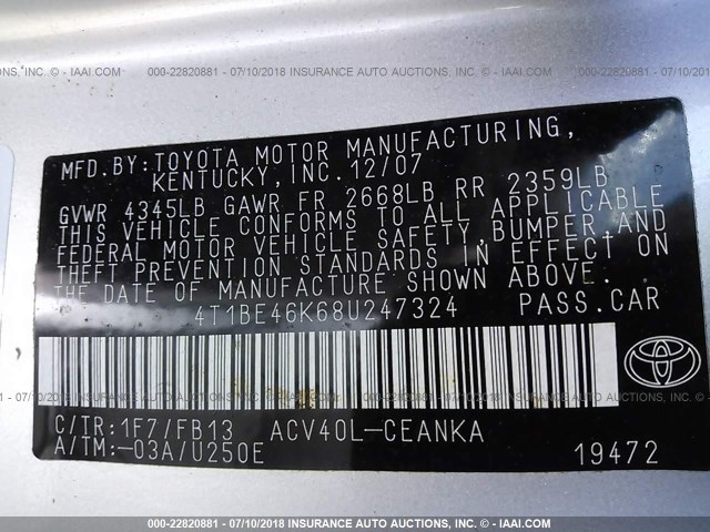 4T1BE46K68U247324 - 2008 TOYOTA CAMRY CE/LE/XLE/SE SILVER photo 9