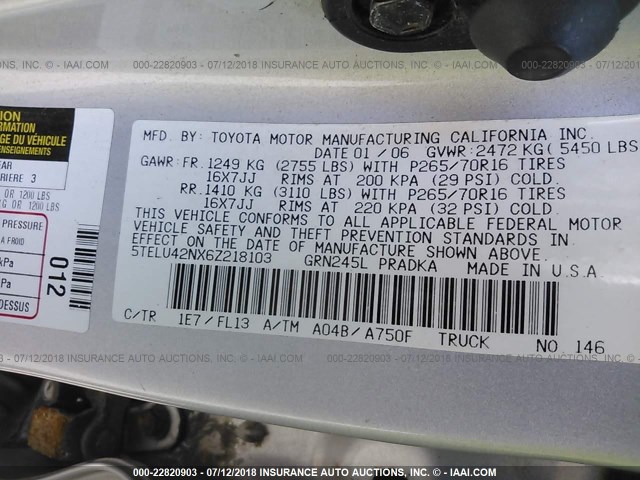 5TELU42NX6Z218103 - 2006 TOYOTA TACOMA DOUBLE CAB ვერცხლისფერი ფოტო 9