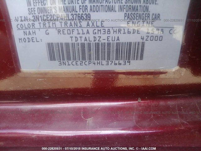 3N1CE2CP4HL376639 - 2017 NISSAN VERSA NOTE S/S PLUS/SV/SL/SR RED photo 9