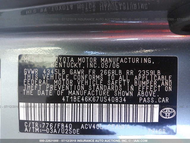 4T1BE46K67U540834 - 2007 TOYOTA CAMRY NEW GENERAT CE/LE/XLE/SE GRAY photo 9