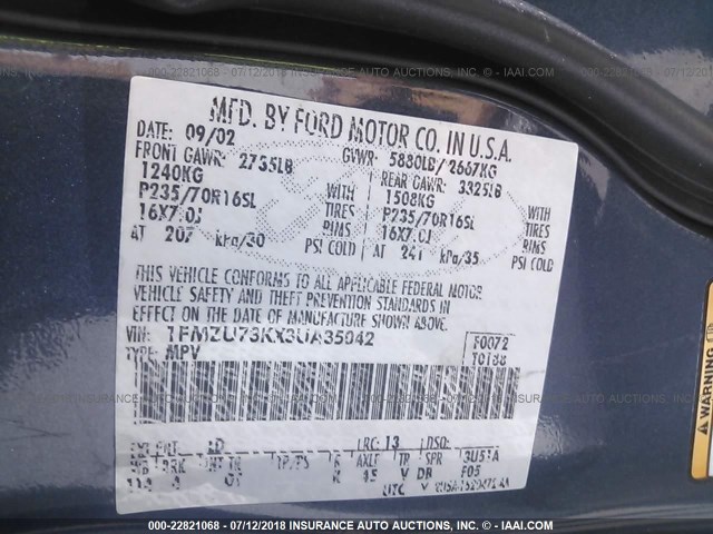 1FMZU73KX3UA35042 - 2003 FORD EXPLORER XLT/XLT SPORT/NBX 蓝色 照片 9