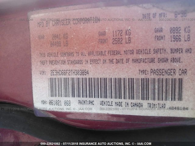 2E3HD66F2TH303894 - 1996 EAGLE VISION TSI MAROON photo 9