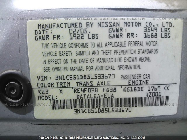 3N1CB51D85L533670 - 2005 NISSAN SENTRA 1.8/1.8S SILVER photo 9