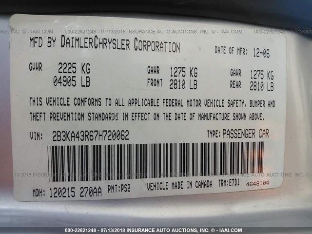 2B3KA43R67H720062 - 2007 DODGE CHARGER SE/SXT SILVER photo 9