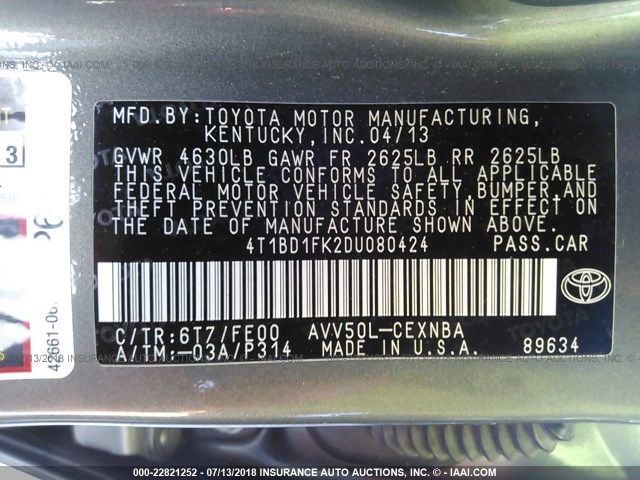 4T1BD1FK2DU080424 - 2013 TOYOTA CAMRY HYBRID/LE/XLE 灰色 照片 9