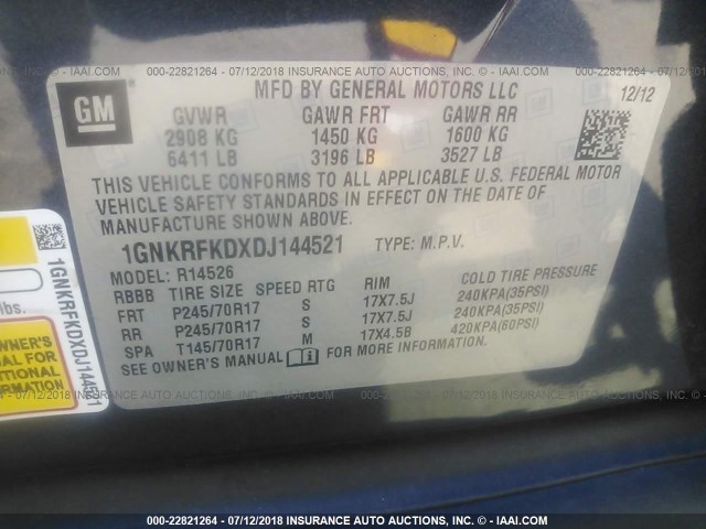 1GNKRFKDXDJ144521 - 2013 CHEVROLET TRAVERSE LS BLUE photo 9