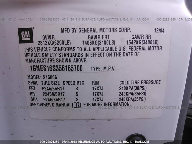 1GNES16S356165700 - 2005 CHEVROLET TRAILBLAZER EXT LS/EXT LT WHITE photo 9