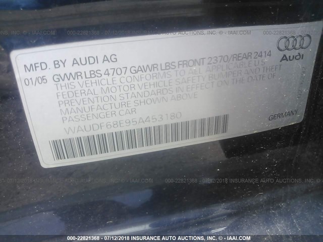 WAUDF68E95A453180 - 2005 AUDI A4 2.0T QUATTRO Dark Blue photo 9