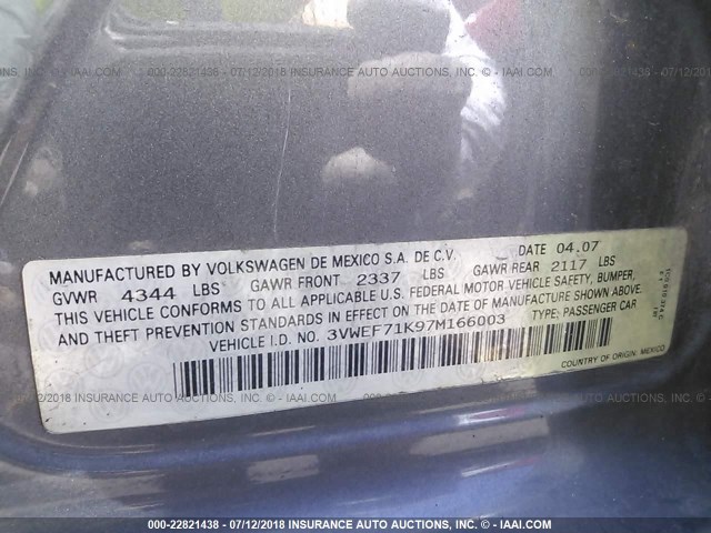 3VWEF71K97M166003 - 2007 VOLKSWAGEN JETTA WOLFSBURG 灰色 照片 9