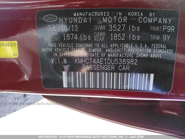 KMHCT4AE1DU538982 - 2013 HYUNDAI ACCENT GLS/GS RED photo 9