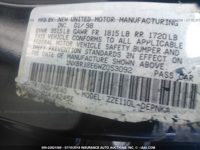 1NXBR18E6WZ053092 - 1998 TOYOTA COROLLA VE/CE/LE 青色 照片 9