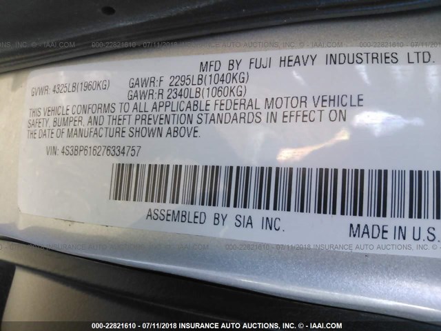 4S3BP616276334757 - 2007 SUBARU LEGACY 2.5I SILVER photo 9