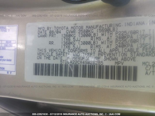 5TDBA22CX4S028285 - 2004 TOYOTA SIENNA XLE/XLE LIMITED GOLD photo 9