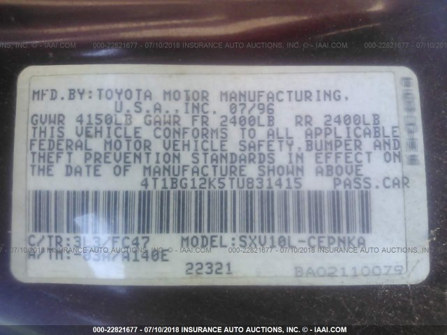 4T1BG12K5TU831415 - 1996 TOYOTA CAMRY DX/LE/XLE MAROON photo 9