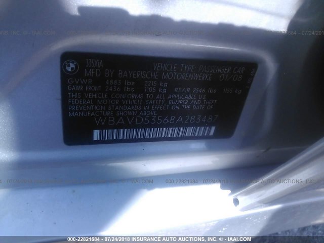 WBAVD53568A283487 - 2008 BMW 335 XI SILVER photo 9