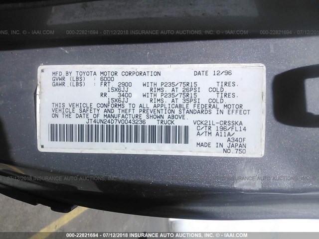 JT4UN24D7V0043236 - 1997 TOYOTA T100 XTRACAB SR5 GRAY photo 9