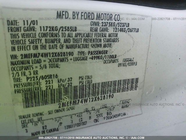 2MEFM74W12X628190 - 2002 MERCURY GRAND MARQUIS GS WHITE photo 9