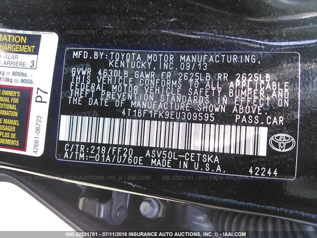 4T1BF1FK9EU309595 - 2014 TOYOTA CAMRY L/SE/LE/XLE შავი ფოტო 9