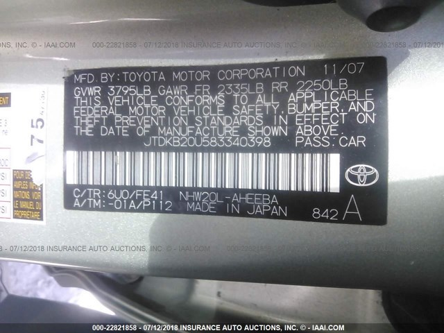 JTDKB20U583340398 - 2008 TOYOTA PRIUS GREEN photo 9