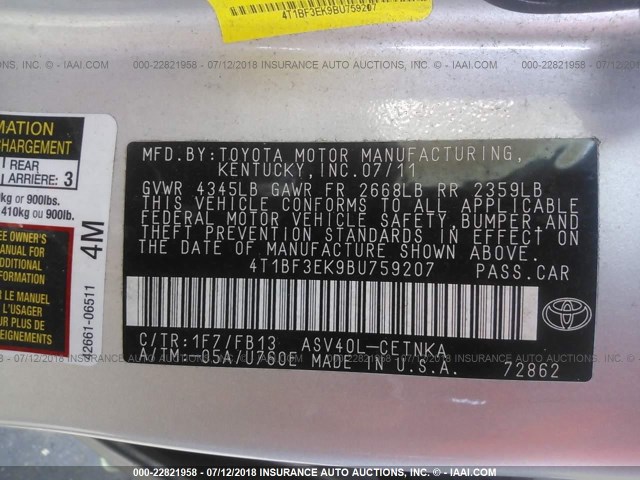 4T1BF3EK9BU759207 - 2011 TOYOTA CAMRY SE/LE/XLE ვერცხლისფერი ფოტო 9