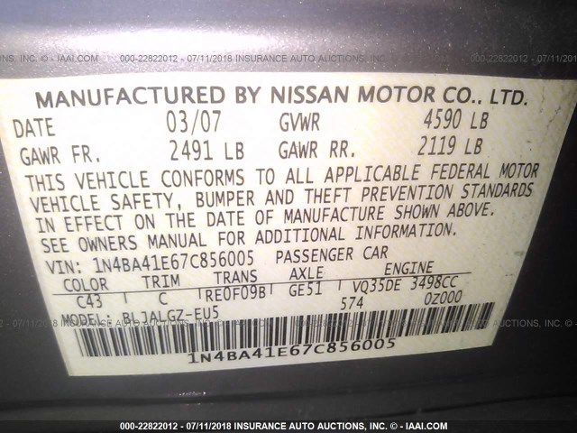 1N4BA41E67C856005 - 2007 NISSAN MAXIMA SE/SL BEIGE photo 9