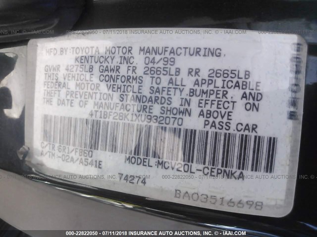 4T1BF28K1XU932070 - 1999 TOYOTA CAMRY LE/XLE GREEN photo 9