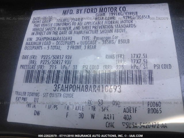 3FAHP0HA8AR410693 - 2010 FORD FUSION SE GRAY photo 9