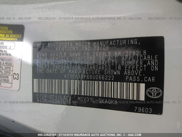 4T1FA38P66U066222 - 2006 TOYOTA CAMRY SOLARA SE/SLE თეთრი ფოტო 9