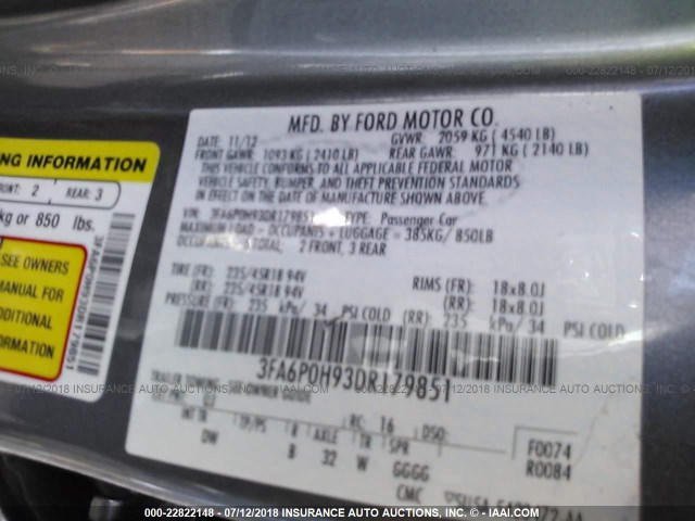 3FA6P0H93DR179851 - 2013 FORD FUSION SE 灰色 照片 9