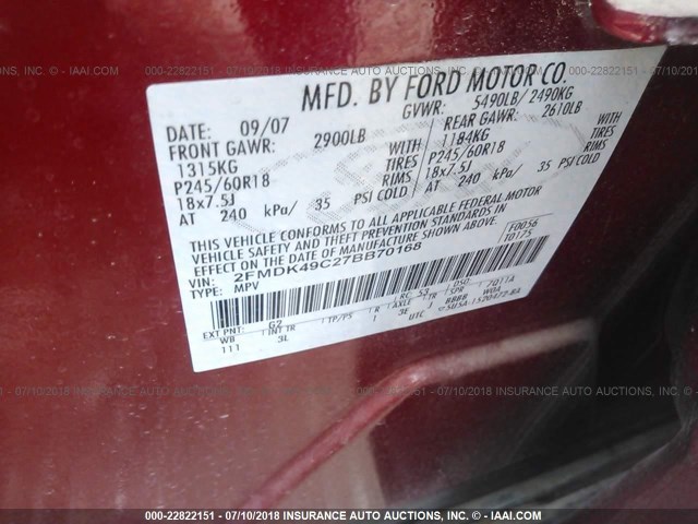 2FMDK49C27BB70168 - 2007 FORD EDGE SEL PLUS RED photo 9