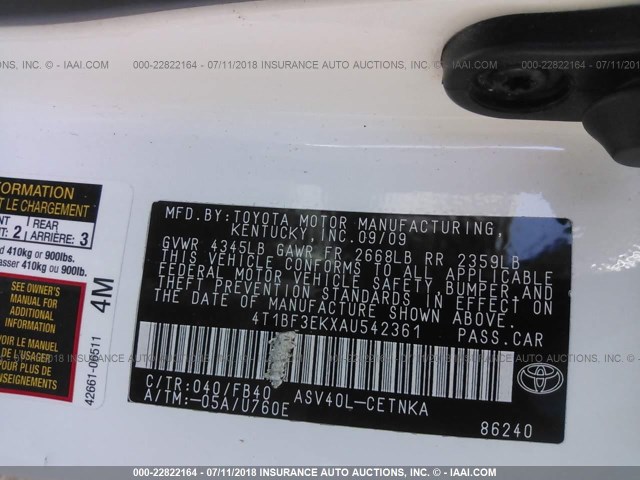 4T1BF3EKXAU542361 - 2010 TOYOTA CAMRY SE/LE/XLE WHITE photo 9