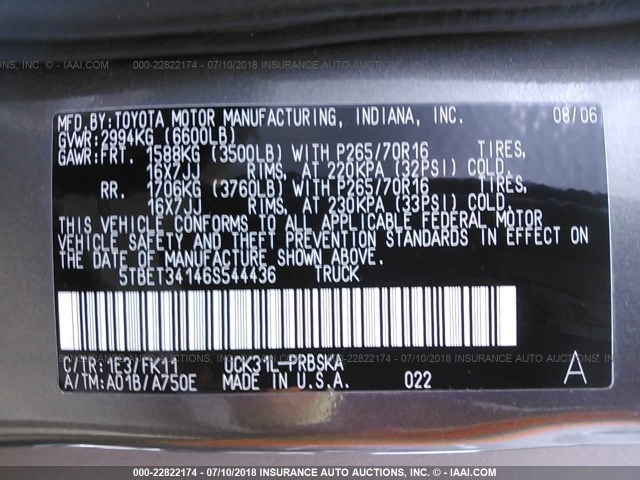 5TBET34146S544436 - 2006 TOYOTA TUNDRA DOUBLE CAB SR5 GRAY photo 9