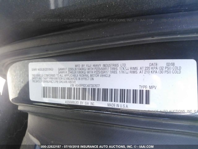 4S4BP62C487357677 - 2008 SUBARU OUTBACK 2.5I LIMITED GRAY photo 9