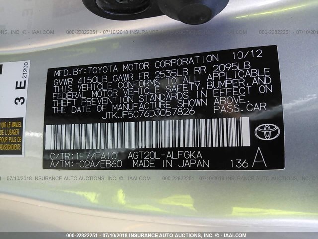 JTKJF5C76D3057826 - 2013 TOYOTA SCION TC 银色 照片 9