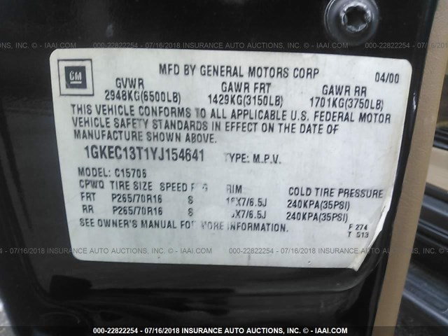 1GKEC13T1YJ154641 - 2000 GMC YUKON BLACK photo 9