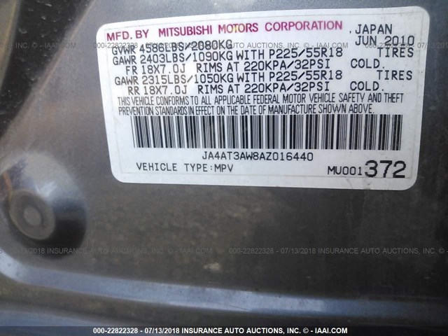 JA4AT3AW8AZ016440 - 2010 MITSUBISHI OUTLANDER SE GRAY photo 9